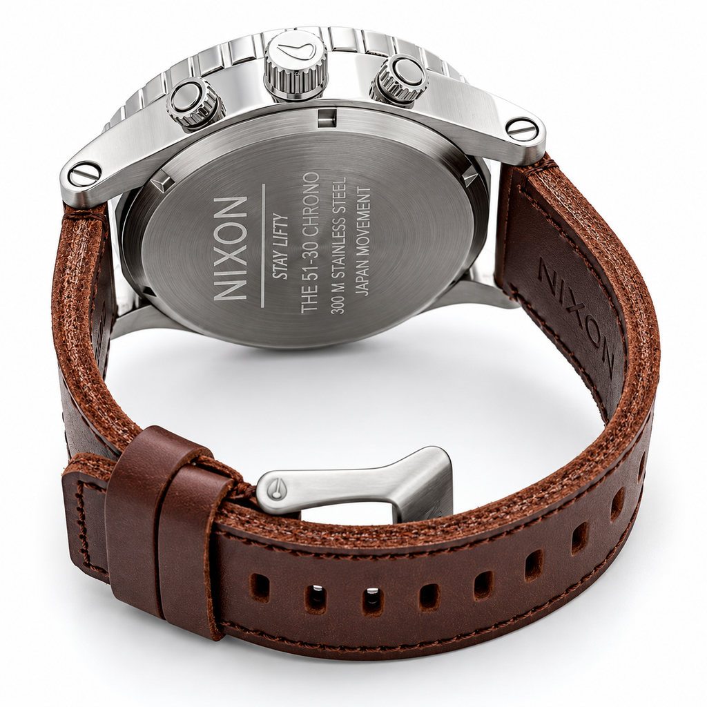 Nixon 51-30 Chronograph Silver Dial Brown Leather Strap Watch for Men - A124-1113