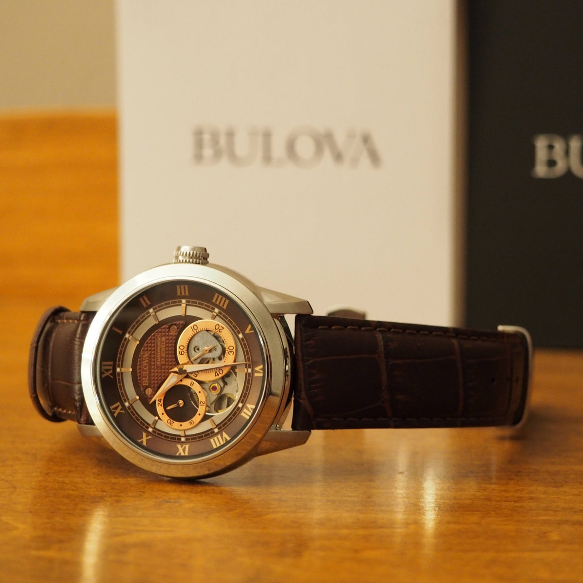 Bulova Classic Skeleton Automatic Brown Dial Brown Leather Strap Watch for Men - 96A120