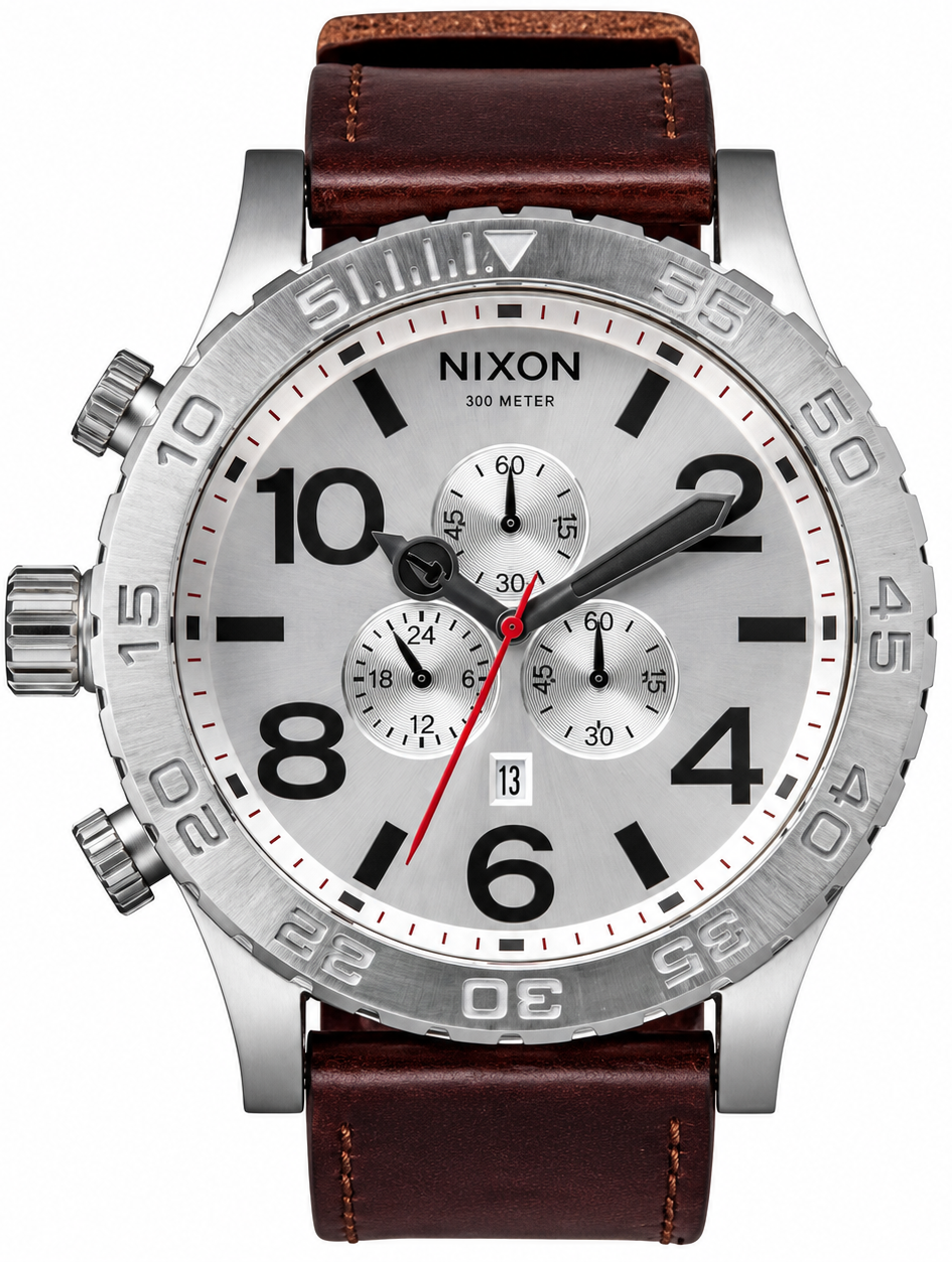 Nixon 51-30 Chronograph Silver Dial Brown Leather Strap Watch for Men - A124-1113